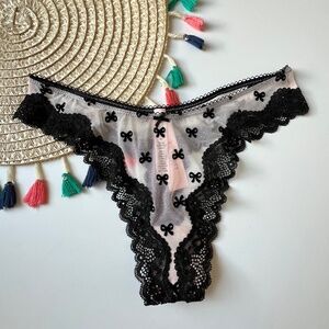 Victoria's Secret Tease Mesh Lace-Trim High-Leg Thong Panty Pink w Bows XL NEW